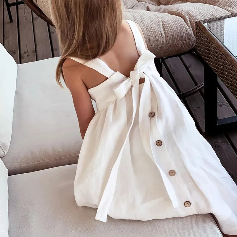 Girls Bow Dress Cotton/Linen Peachy Bloomers Girls Bow Dress Cotton/Linen Peachy Bloomers