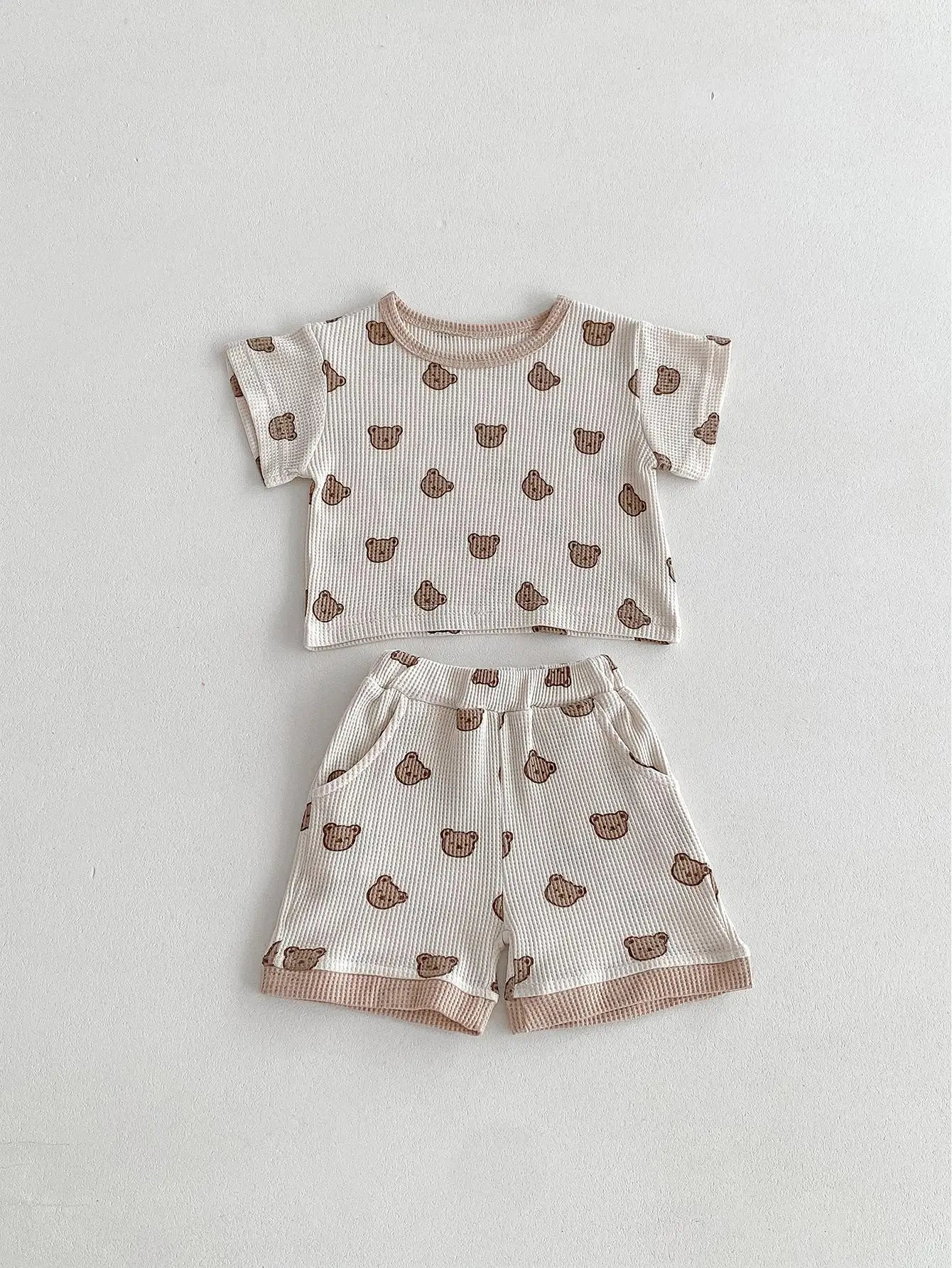 Baby Bear Waffle Cotton T-shirt and Shorts Set - Peachy Bloomers