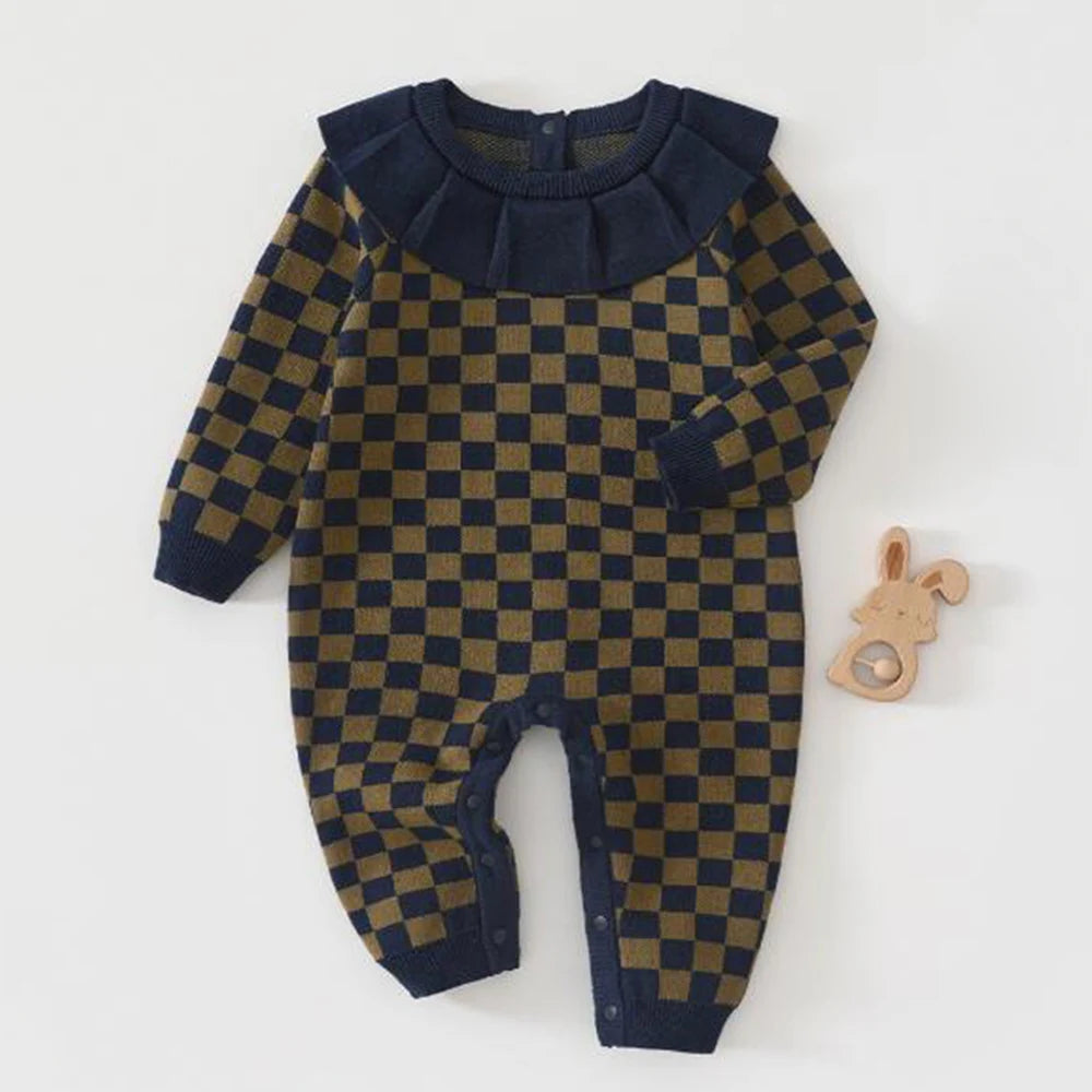 Checkered Knit Baby Romper – 100% Cotton Long Sleeve Jumpsuit with Ruffled Collar