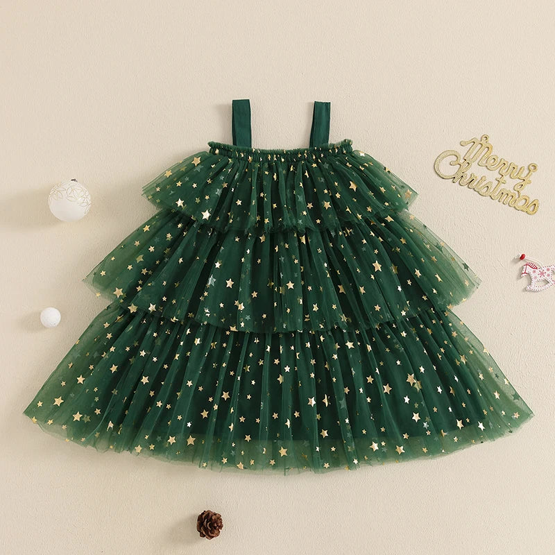 Girls Christmas Star Lace Layered Tulle Dress