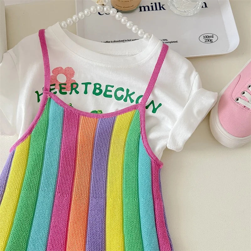 Vibrant Rainbow Stripe Girls Knit Dress