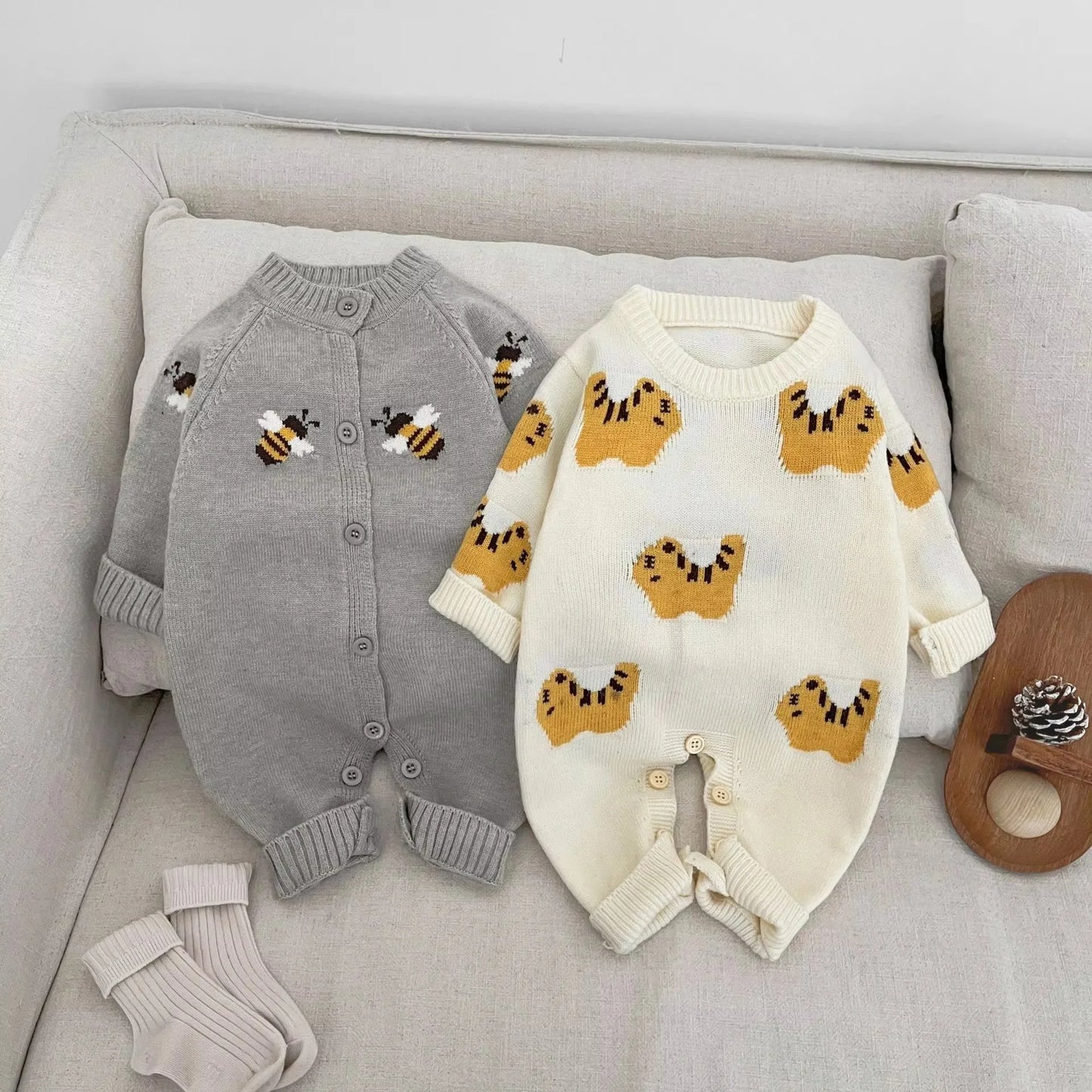 Gray and white baby rompers with tiger pattern