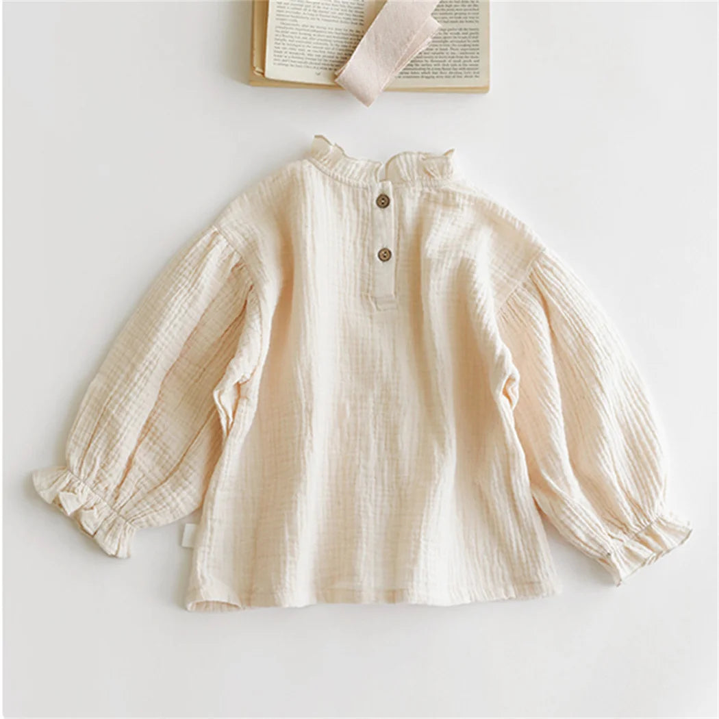Girls Ruffle Collar Beige Cotton Shirt