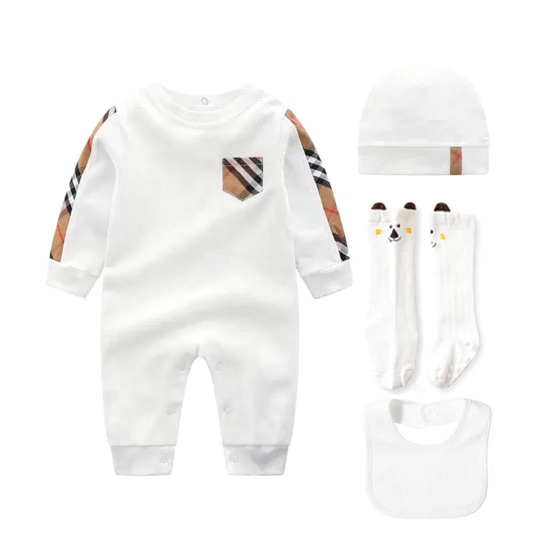 Newborn Baby 4-Piece Gift Set – 100% Cotton Romper, Hat, Socks & Bib