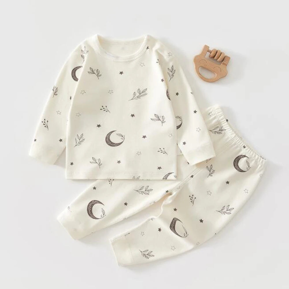 Moon Print Baby Outfit Set – 100% Cotton 2-Piece Long Sleeve Top and Pants