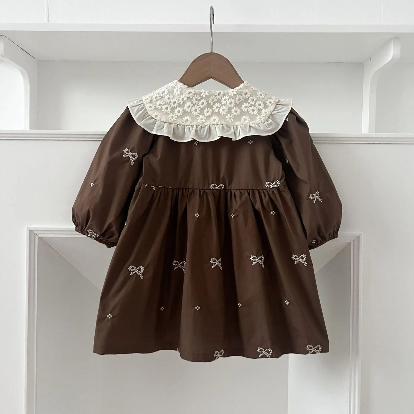 Girls Brown Little Bow Embroidery Dress