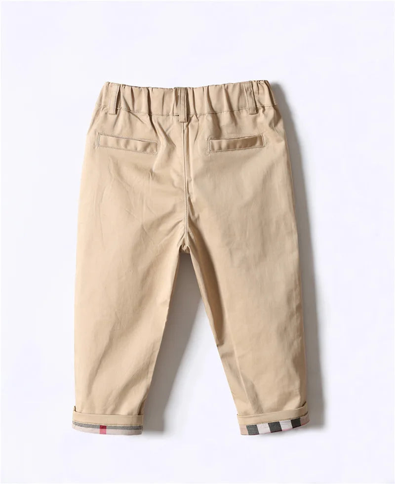 Classic Boys Khaki Pants with Plaid Cuff Detail