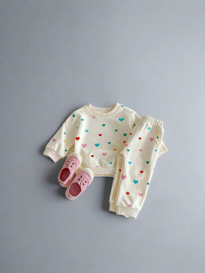 Heart Print Girls Sweatshirt and Sweatpants Set