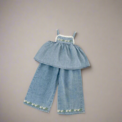 Daisy Denim Set for Girls – Cotton Summer Outfit with Embroidered Details