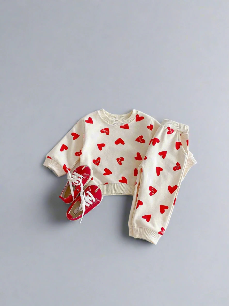 Heart Print Girls Sweatshirt and Sweatpants Set