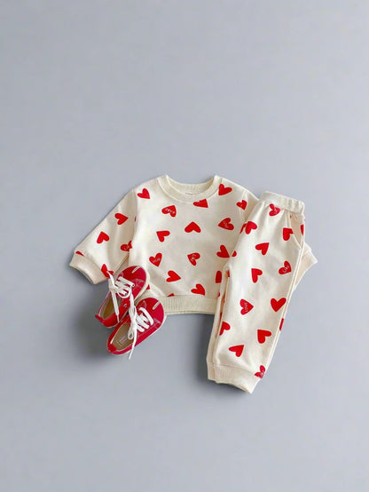 Heart Print Girls Sweatshirt and Sweatpants Set