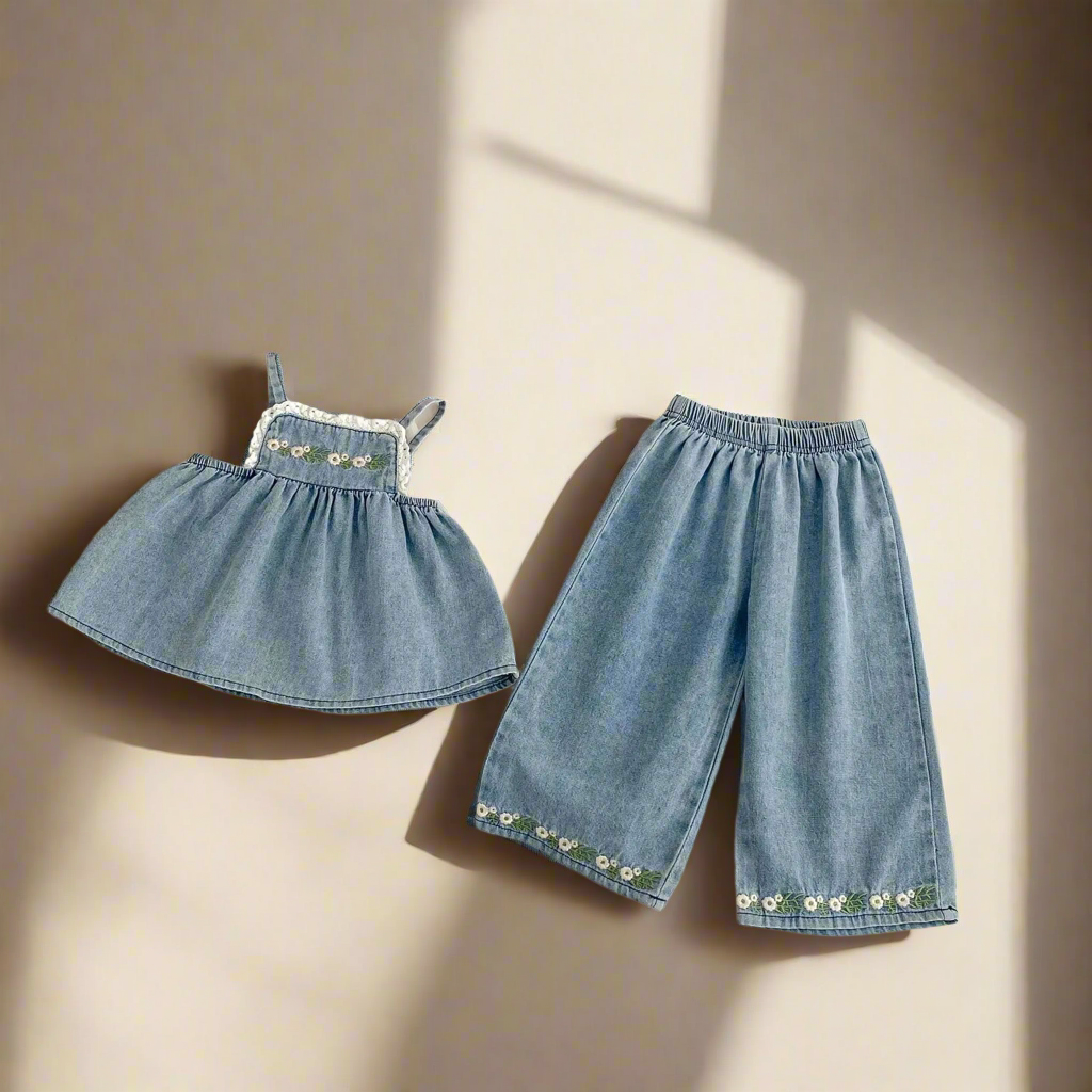 Daisy Denim Set for Girls – Cotton Summer Outfit with Embroidered Details