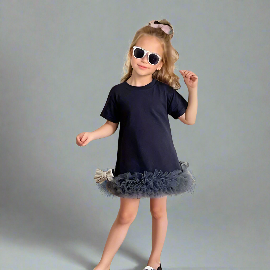 Navy Cotton Baby Dress with Ruffle Tulle Hem
