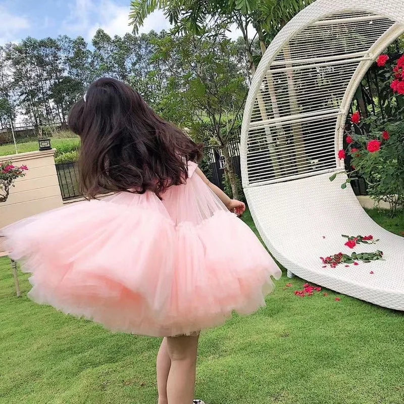 Pink Floral Embroidered Dress with Tulle and Satin Bow