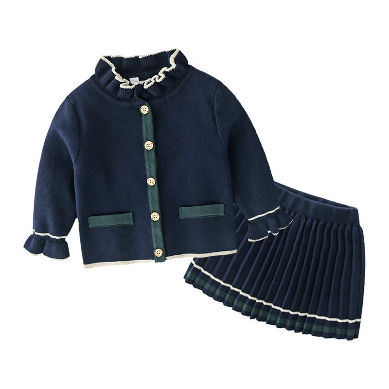 Classic Girls Navy Cardigan and Pleated Skirt Set