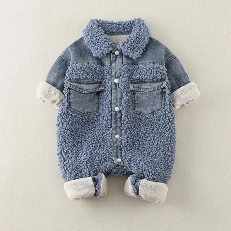 Baby Blue Denim Fleece Romper - Peachy Bloomers