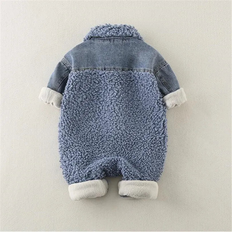 Baby Blue Denim Fleece Romper - Peachy Bloomers