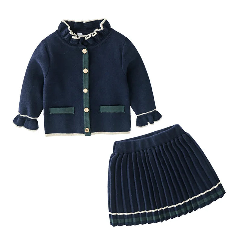 Classic Girls Navy Cardigan and Pleated Skirt Set