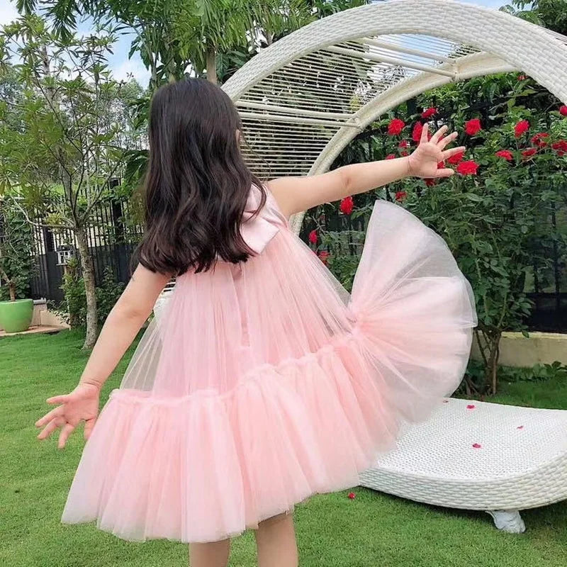 Pink Floral Embroidered Dress with Tulle and Satin Bow