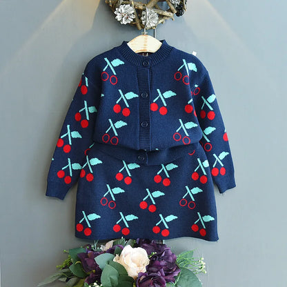 Girls Cherry Knit Navy Cardigan and Skirt Set