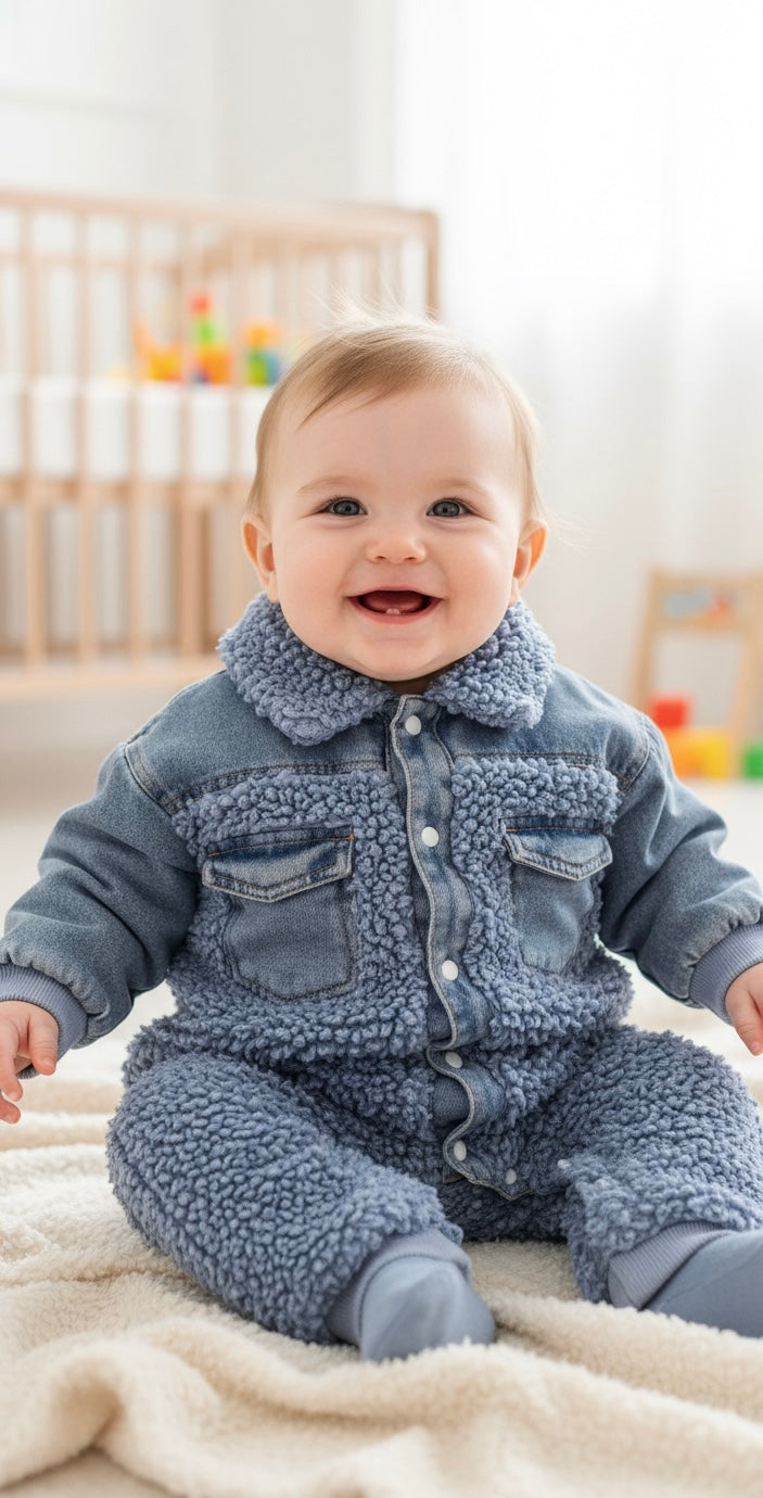 Baby Blue Denim Fleece Romper