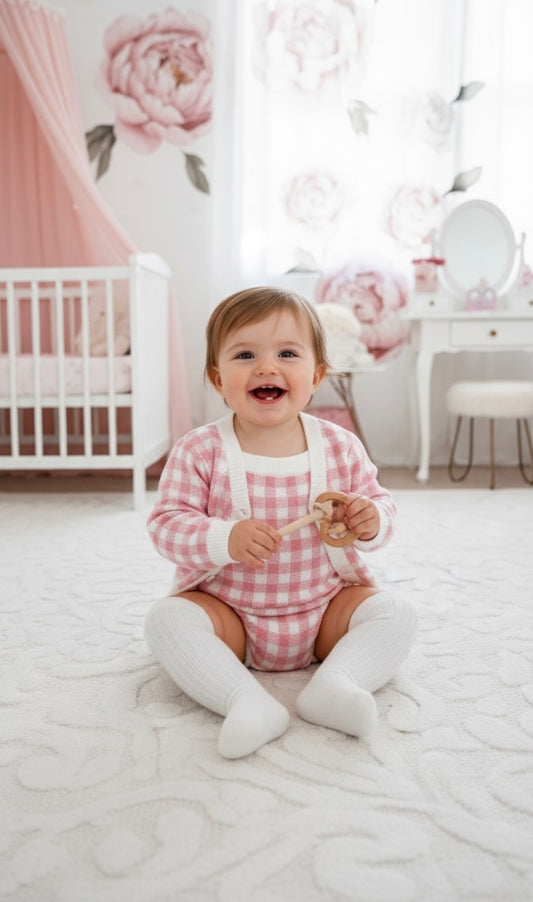 3-Piece Pink Gingham Baby Knit Set – Cardigan, Romper & Peter Pan Collar Top