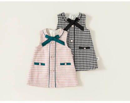 Houndstooth Bow Girls Dress - Peachy Bloomers