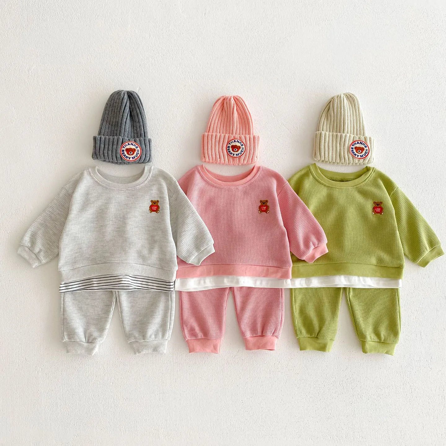 Bear Cotton Waffle Sweatshirt & Sweatpants Set - Peachy Bloomers