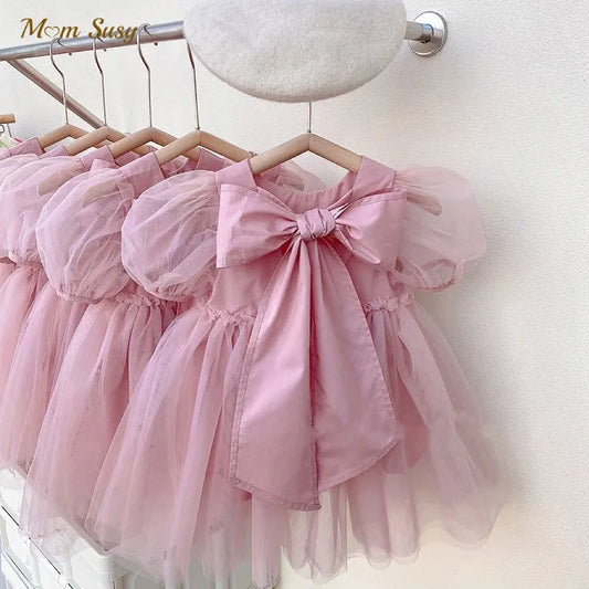 Girl Princess Pink Big Bow Tulle Dress