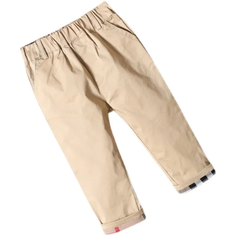 Classic Boys Khaki Pants with Plaid Cuff Detail