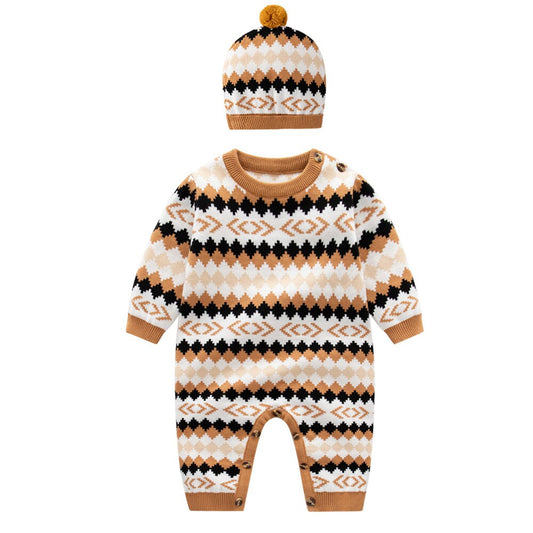 Geo Cotton Knit Romper and Beanie - Peachy Bloomers