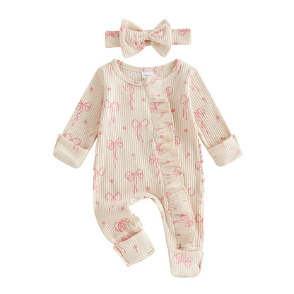 Newborn Ruffle Bow Jumpsuit with Headband