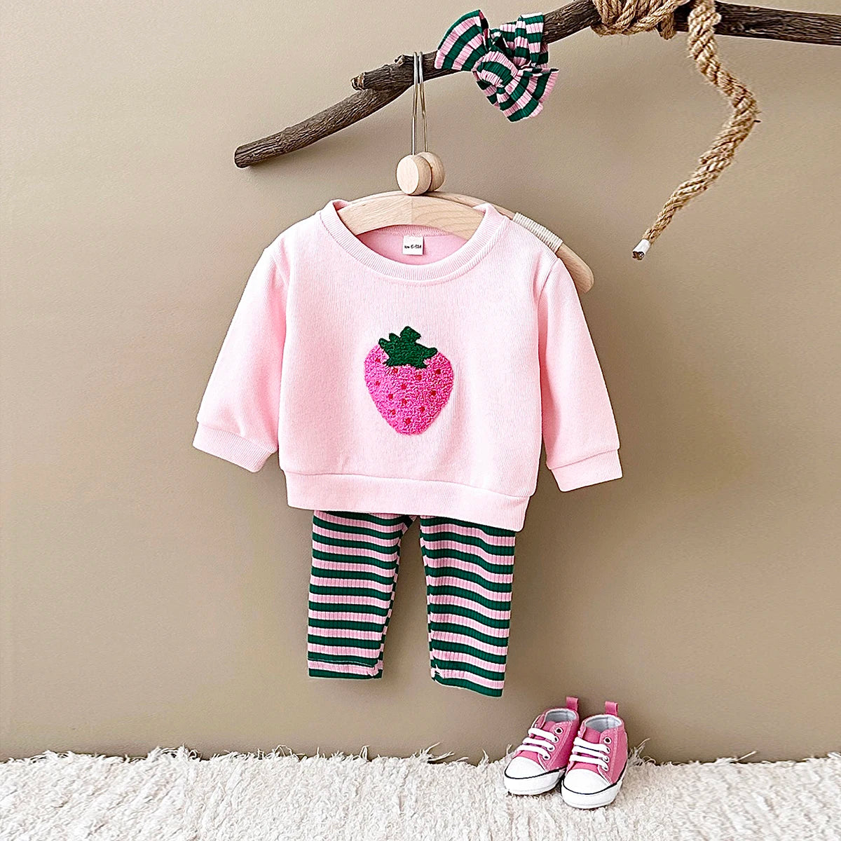 Strawberry Sweatshirt and Stripe Leggings Set