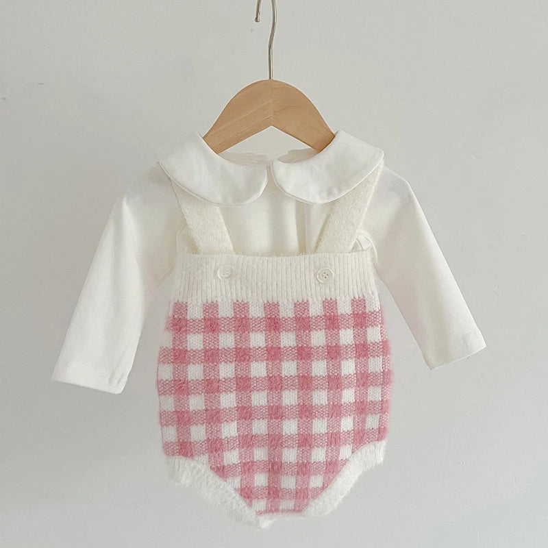 3-Piece Pink Gingham Baby Knit Set – Cardigan, Romper & Peter Pan Collar Top