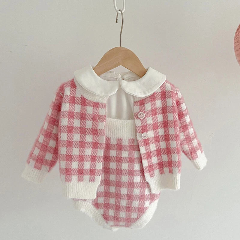 3-Piece Pink Gingham Baby Knit Set – Cardigan, Romper & Peter Pan Collar Top
