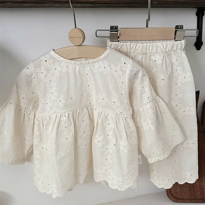 Girl Cotton Eyelet Lace Set - Top & Pants
