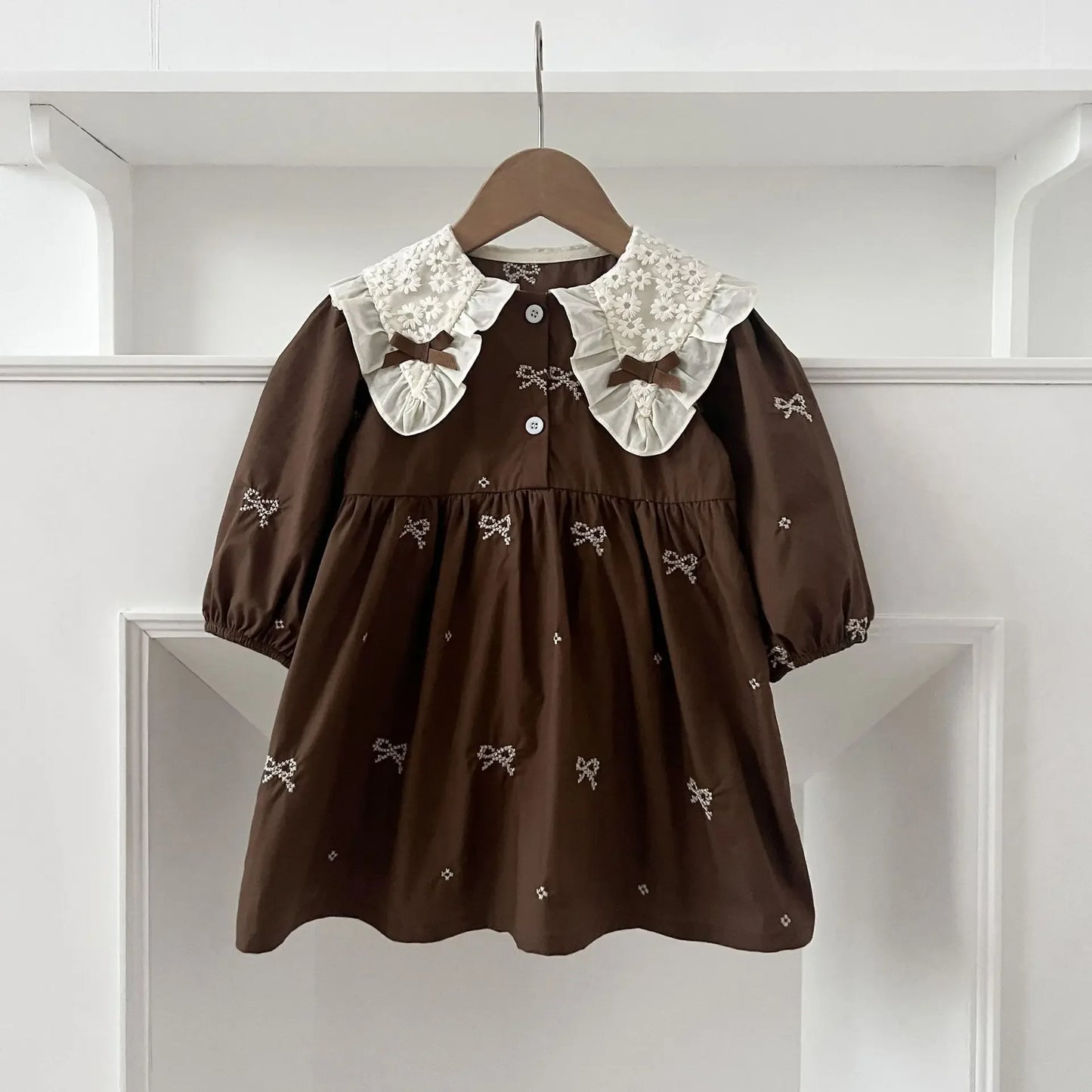 Girls Brown Little Bow Embroidery Dress
