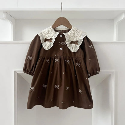 Girls Brown Little Bow Embroidery Dress