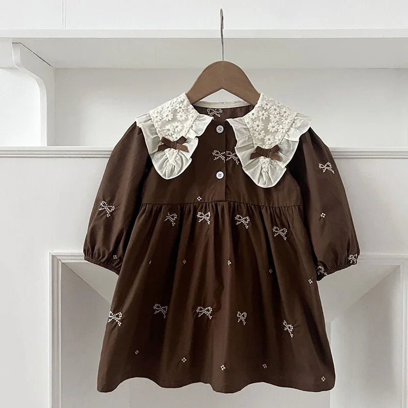 Girls Brown Little Bow Embroidery Dress