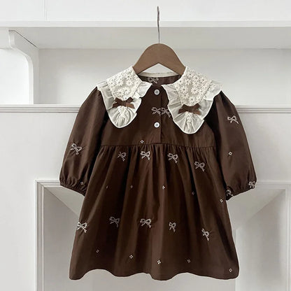 Girls Brown Little Bow Embroidery Dress