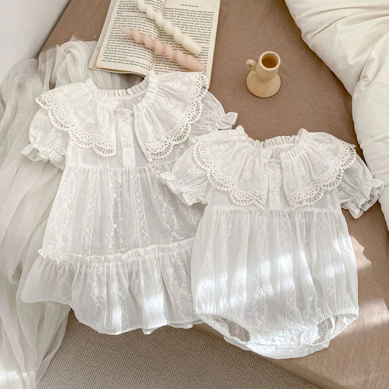 Sisters Floral Embroidery Cotton Lace Dress & Romper