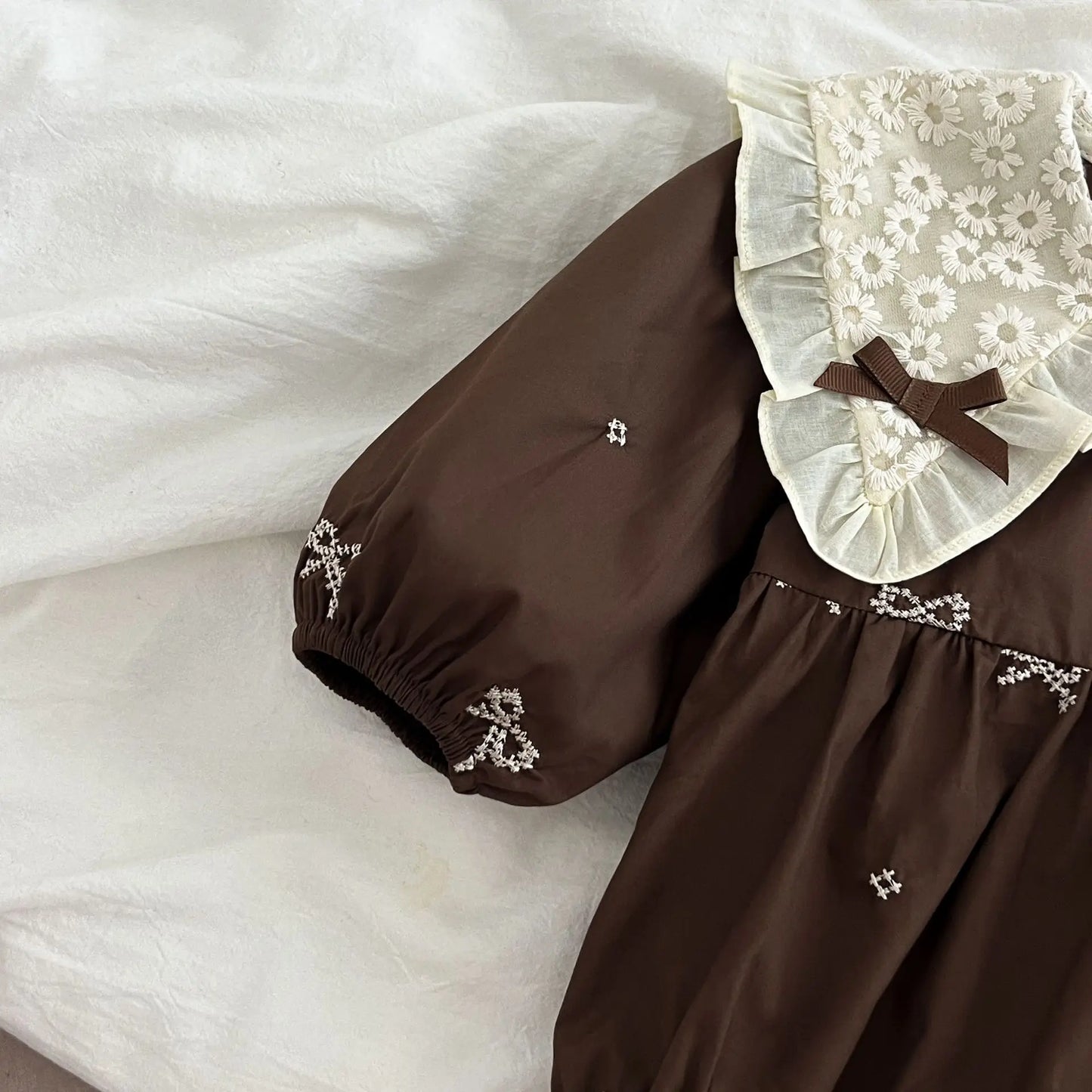 Girls Brown Little Bow Embroidery Dress