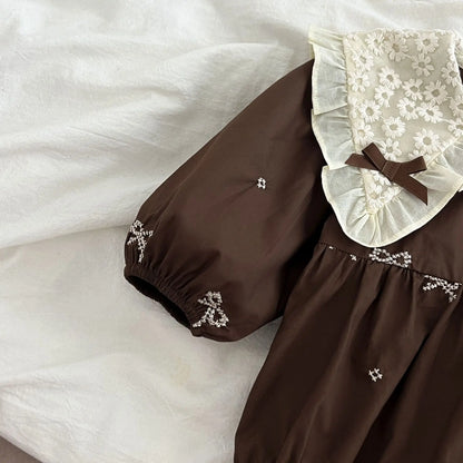 Girls Brown Little Bow Embroidery Dress