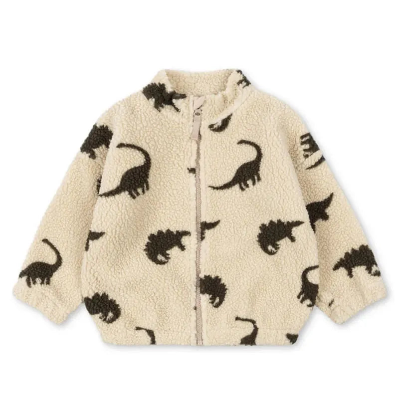 Beige fleece jacket with black dinosaur patterns 
