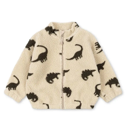 Beige fleece jacket with black dinosaur patterns 