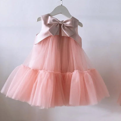 Pink Floral Embroidered Dress with Tulle and Satin Bow