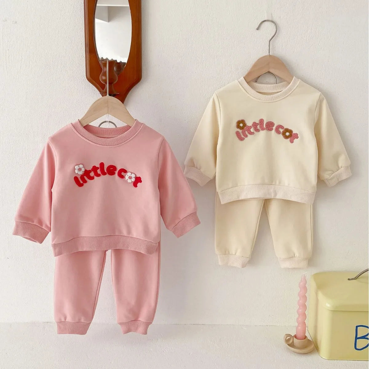 Little Cat Embroidery Girls Sweatshirt and Sweatpants Set - Peachy Bloomers