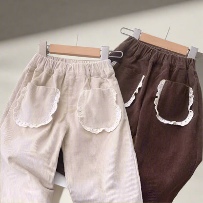 Girls Cotton Corduroy Pants with Lace Trim Pockets