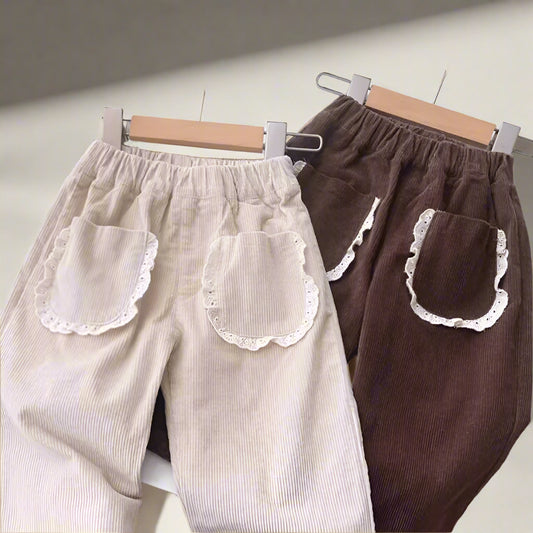 Girls Cotton Corduroy Pants with Lace Trim Pockets