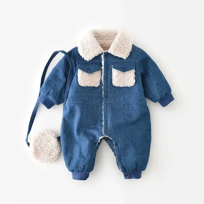 Cold Weather Denim Baby Lamb Wool Jumpsuit